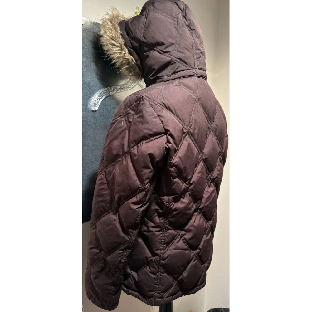 Lands' End Brown Goose Down Diamond Quilted Faux Fur Hood Puffer Jacket M 10-12